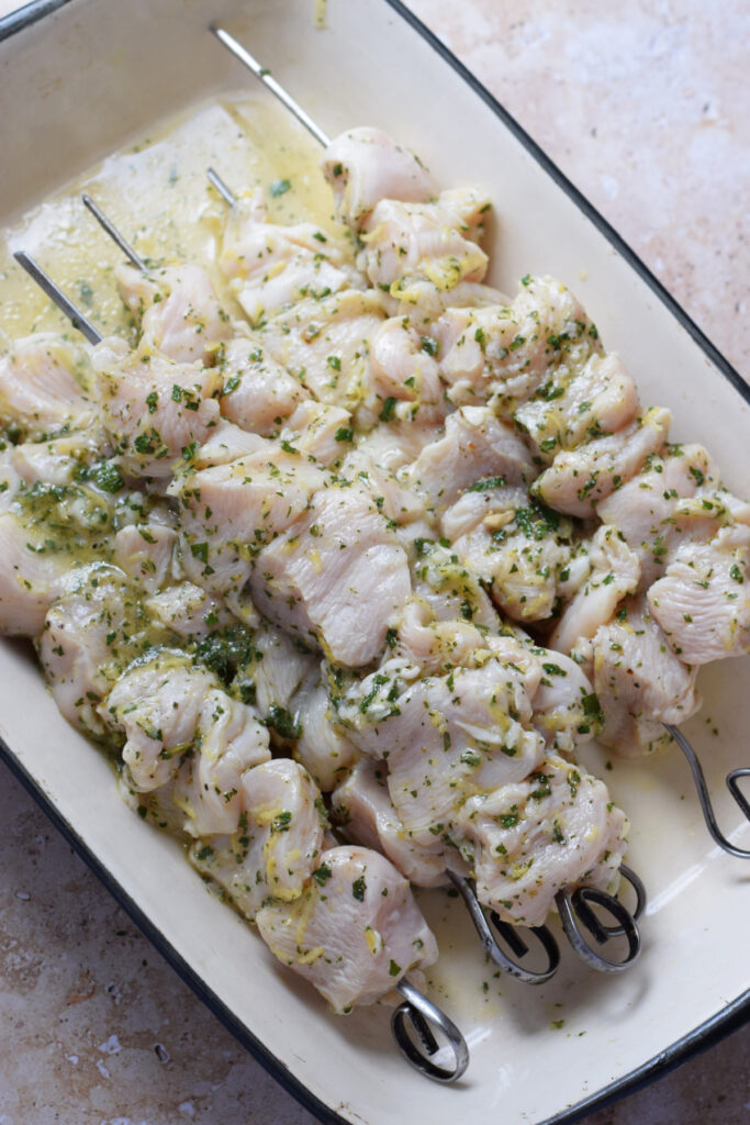 Chicken on a skewers ready to cook.