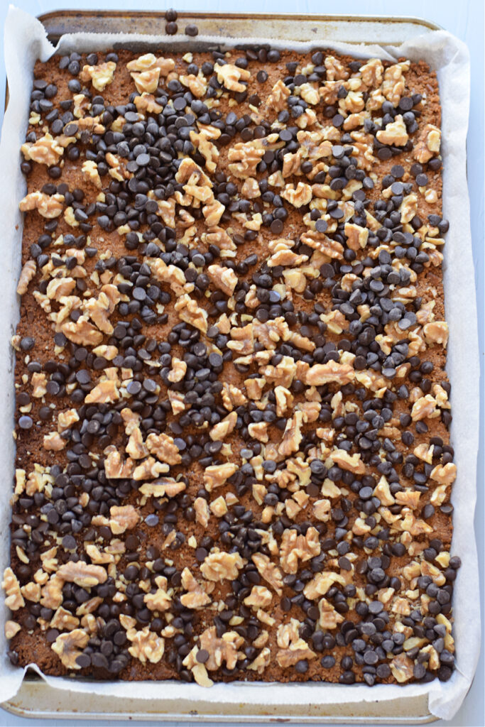 Making cookie bars in a sheet pan.