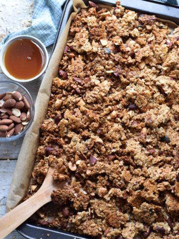 Granola on a baking tray.