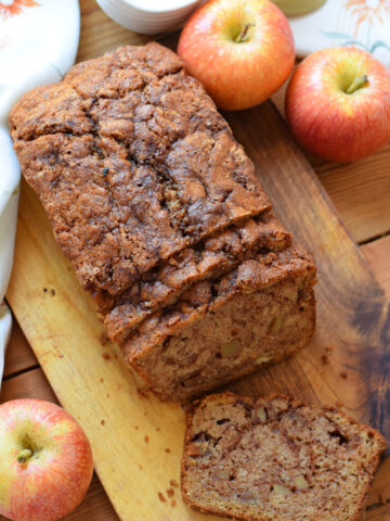 Apple cinnamon bread on a wooden board.