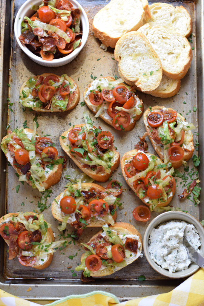 BLT bruschetta on a tray.