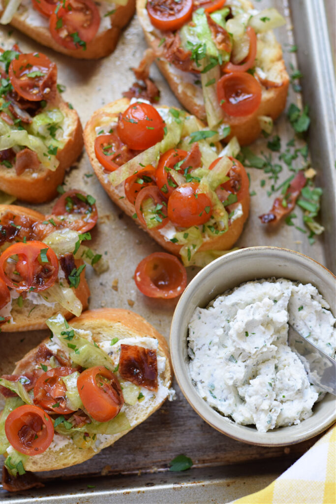 Close up of blt bruschetta.