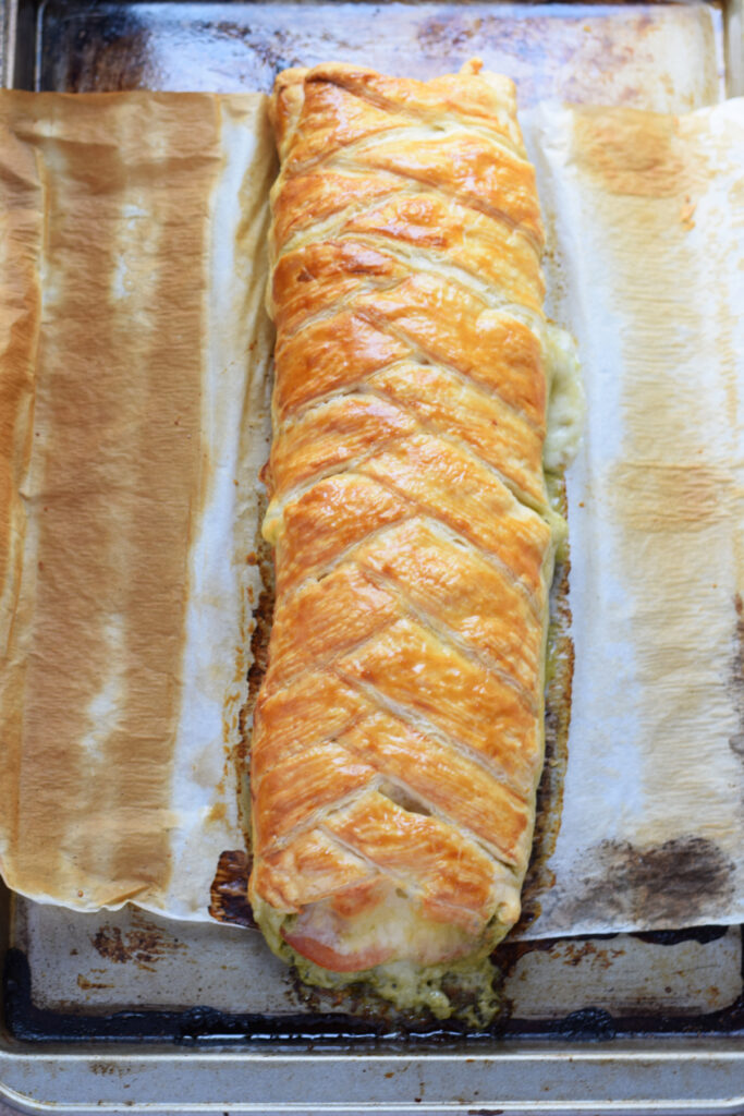 Baked Caprese puff pastry braid.