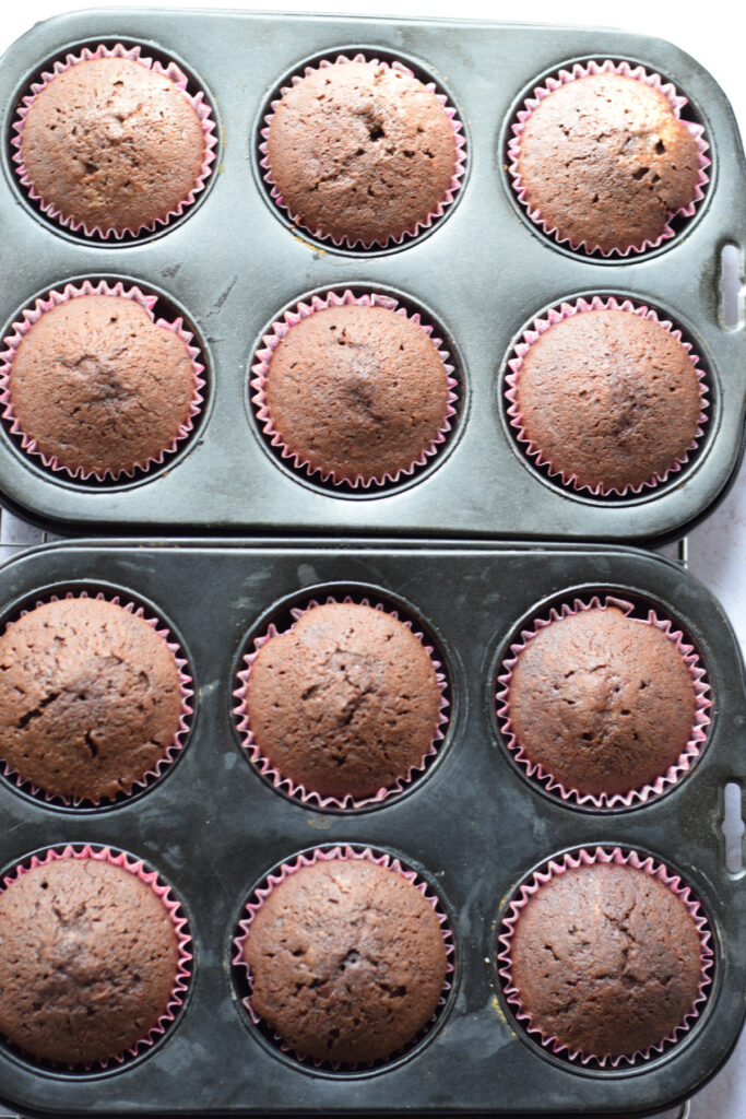 Baked chocolate cupcakes.