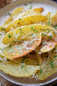 Close up of the garlic parmesan potato wedges.