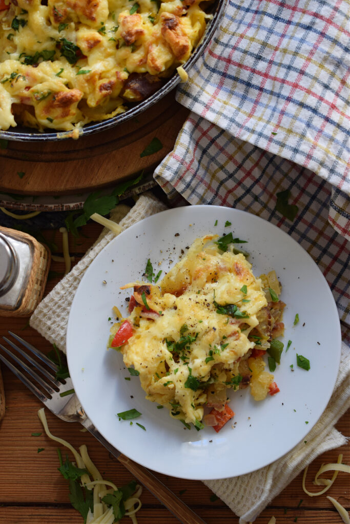 Breakfast casserole on a plate.