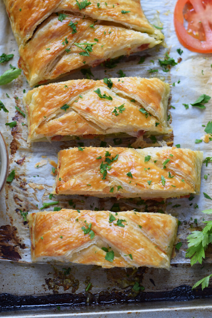 Close up of puff pastry braid.