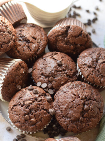 Chocolate chip muffins on a plate.