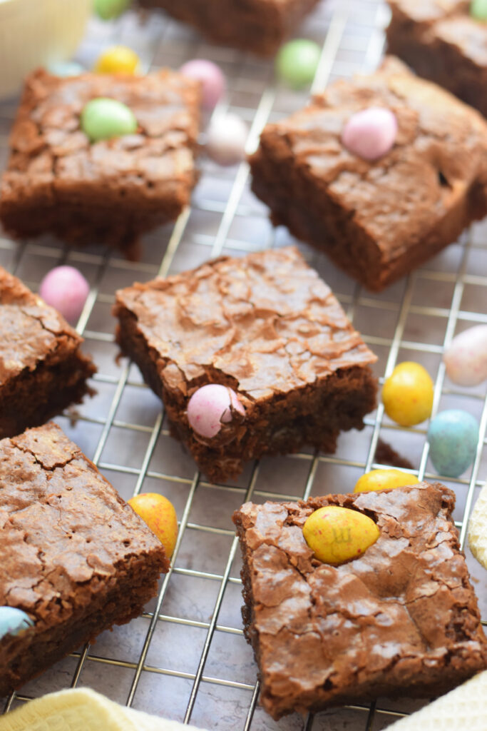 Easter brownies on a cooling rack.