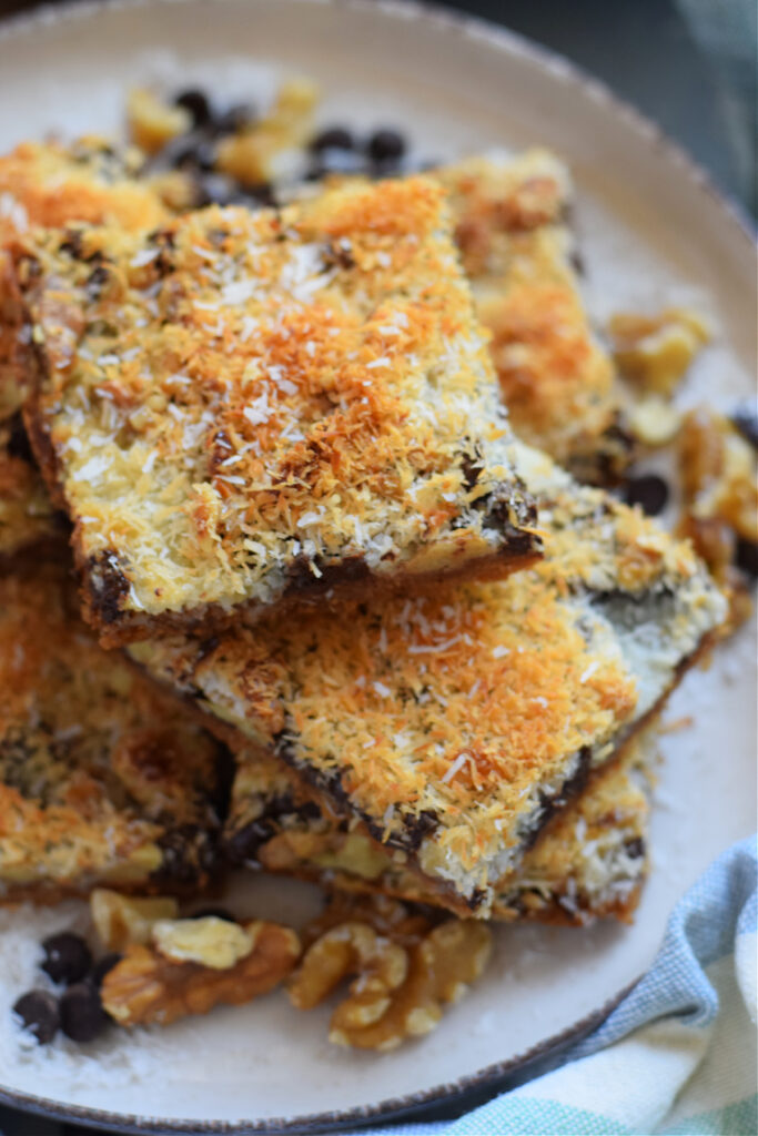 Close up cookie bars on a plate.