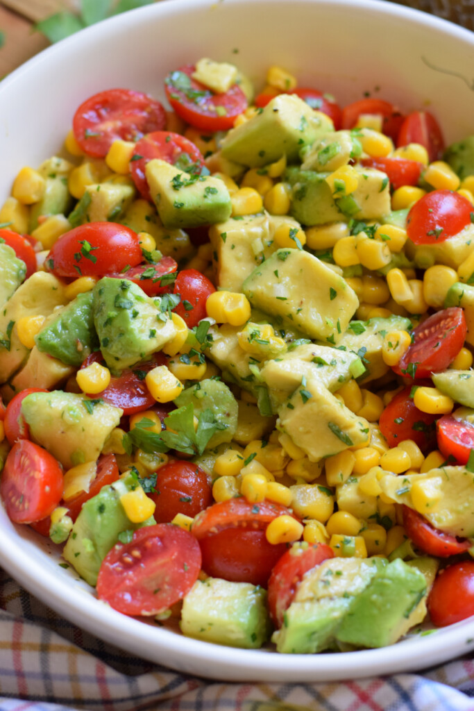 Close up of avocado corn salad.
