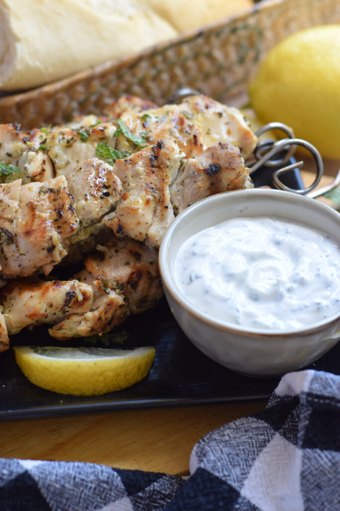 Chicken skewers with a minted dip.