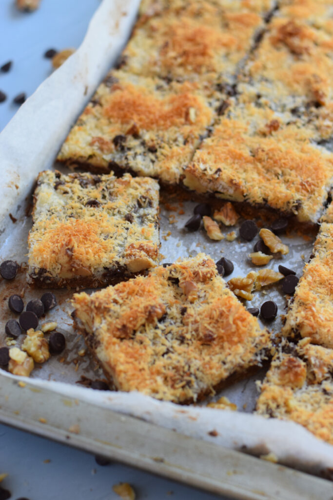 Cookie bars on a baking tray.