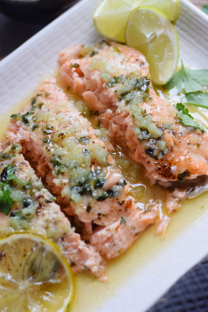 Close up of baked honey lime salmon.