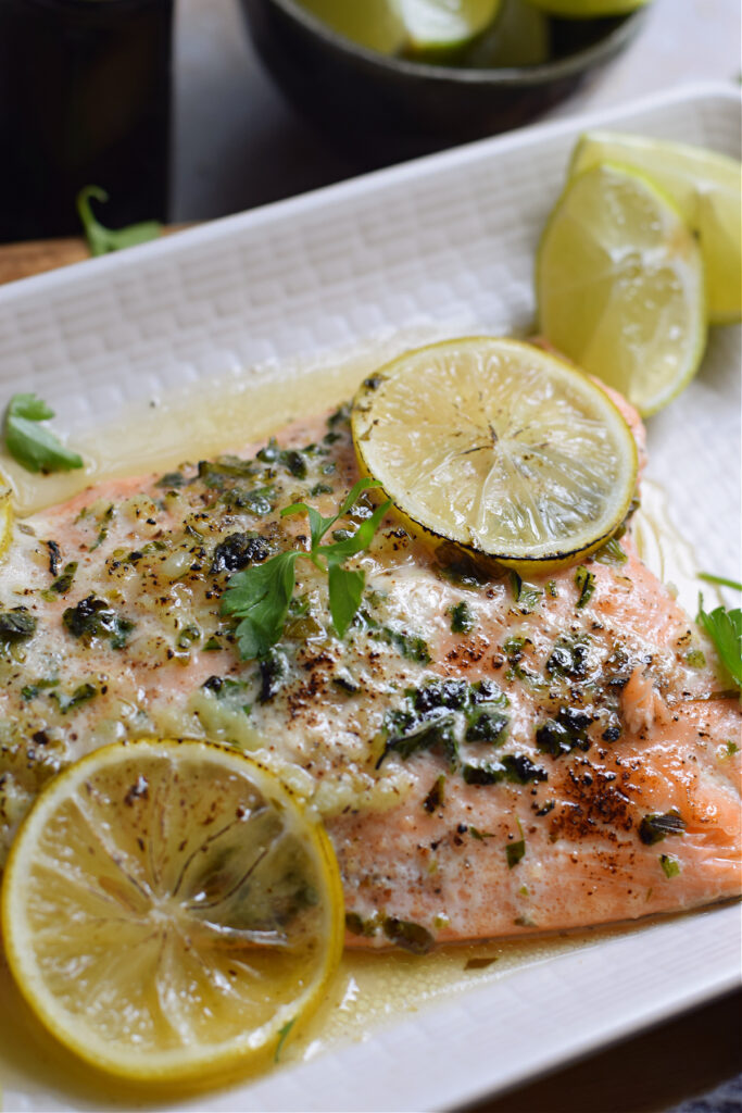Close up of honey lime salmon.