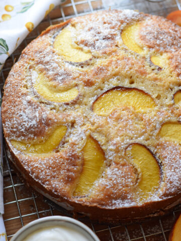 Close up of a summer peach cake.