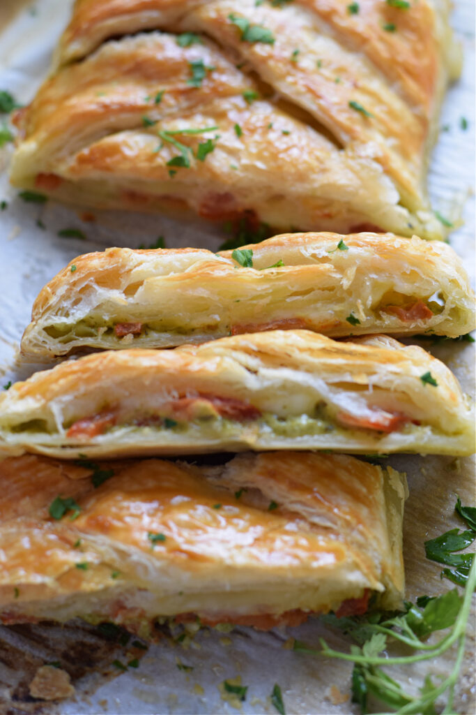 Close up of puff pastry bradi.