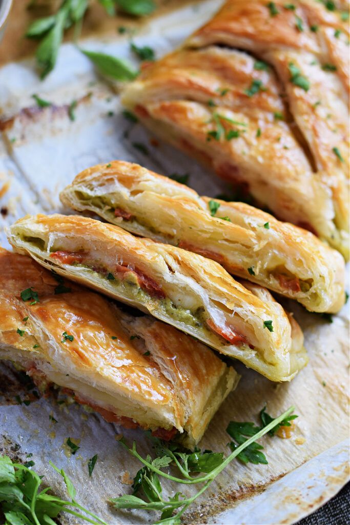 Pastry braid cut into strips.