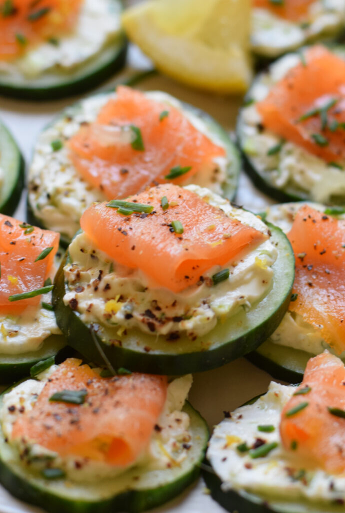 Close up of cucumber smoked salmon bites.