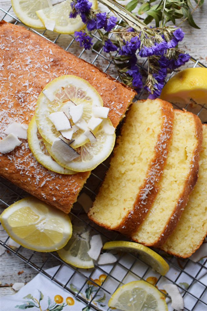 Coconut Lemon Loaf Cake with flowers.