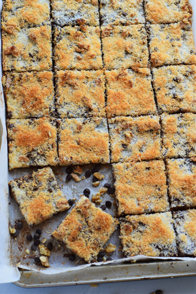 Cookie bars on a baking tray.