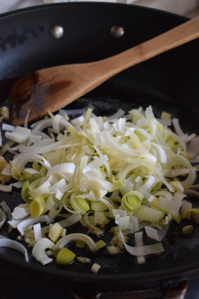 Leeks in a skillet.