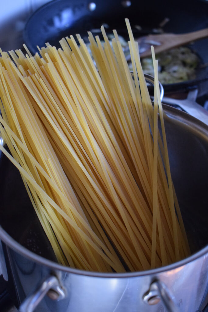 Cooking pasta in a pot.