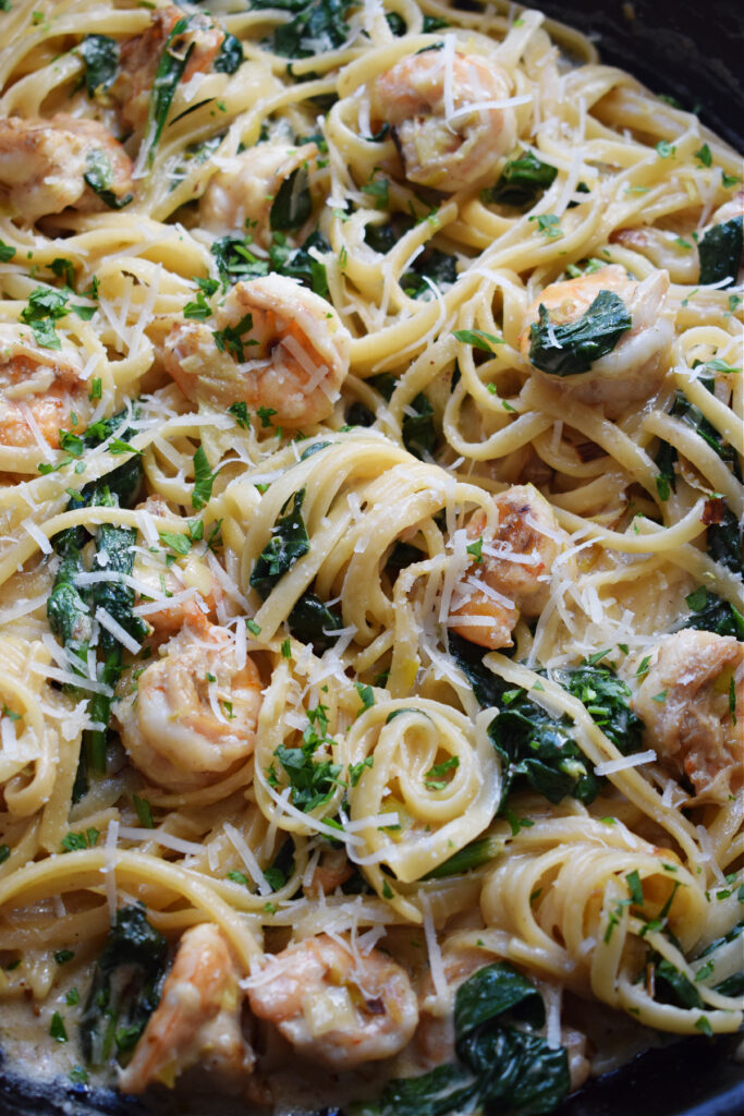 Close up of creamy shrimp pasta.
