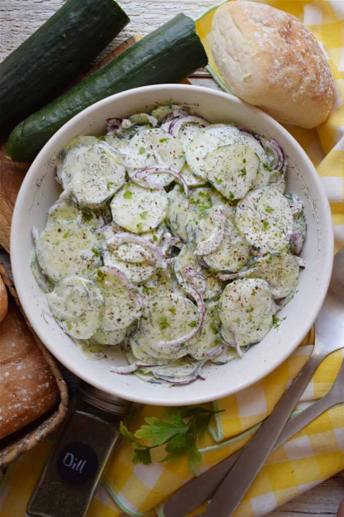 Cucumber salad in a bowl.