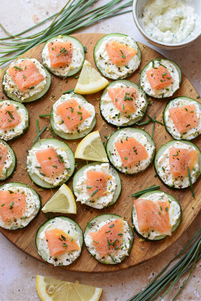 Cucumber topped with cream cheese and smoked salmon.