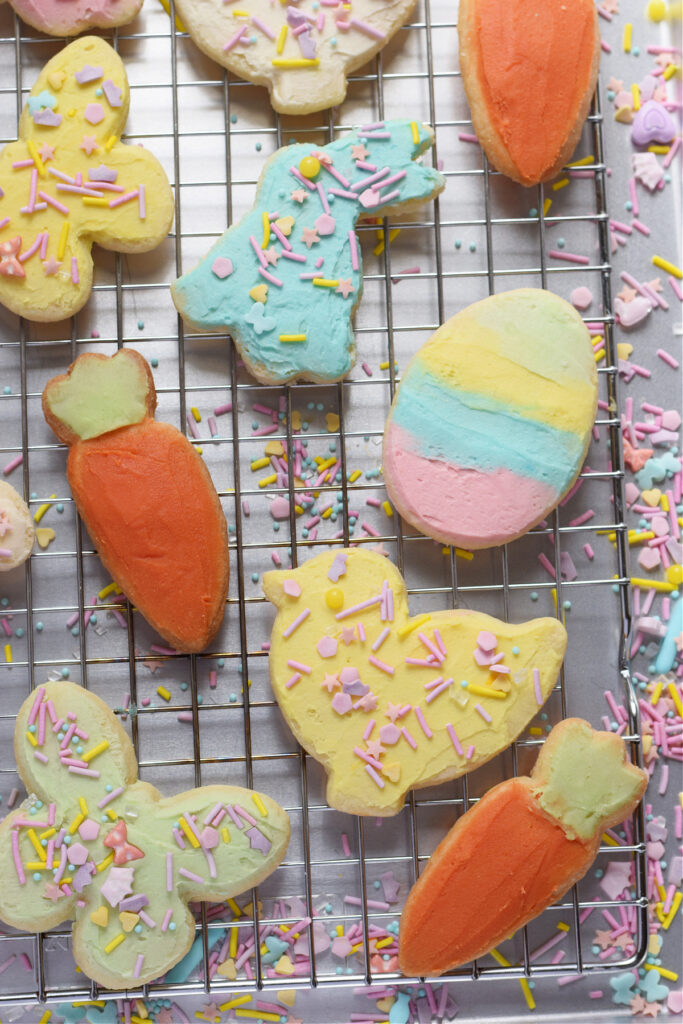 Decorated sugar cookies on a tray.