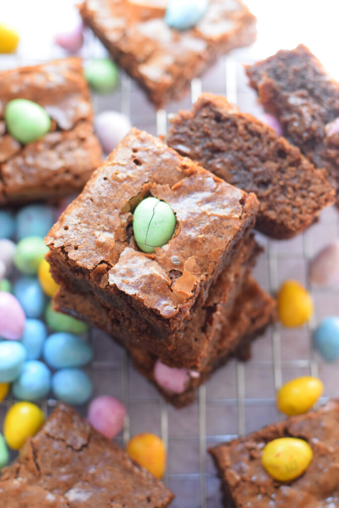 M and Ms Brownies on a tray with Easter egg candy.