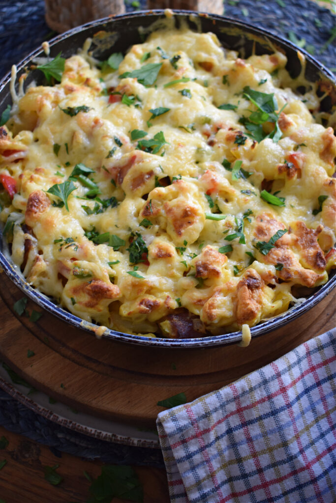 Breakfast casserole in a skillet.