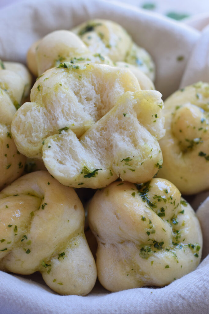 Close up of garlic knots.