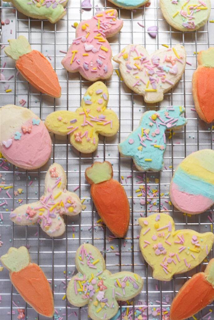 Decorated Easter cookies on a tray.