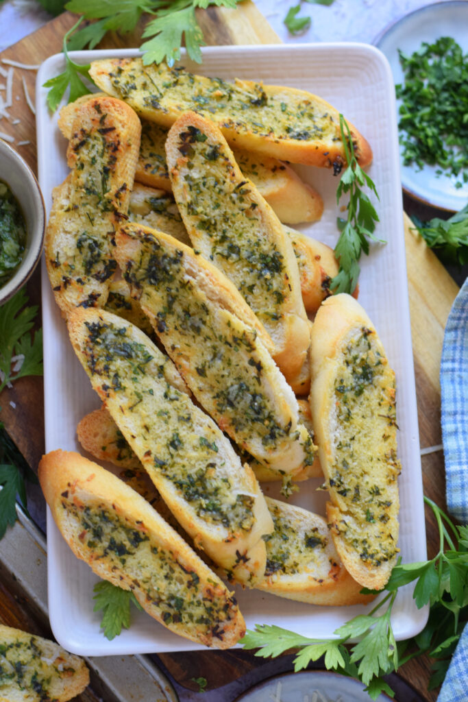 Crostini on a white plate.