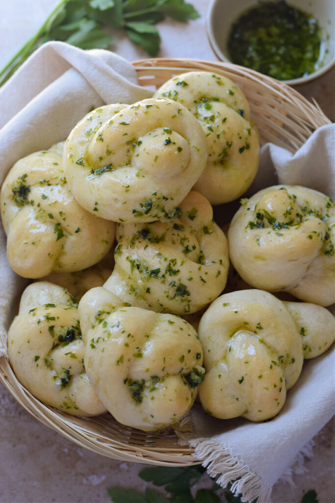 Garlic knots in a basket.