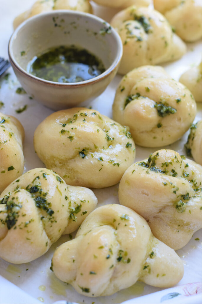 Close up of garlic knots.