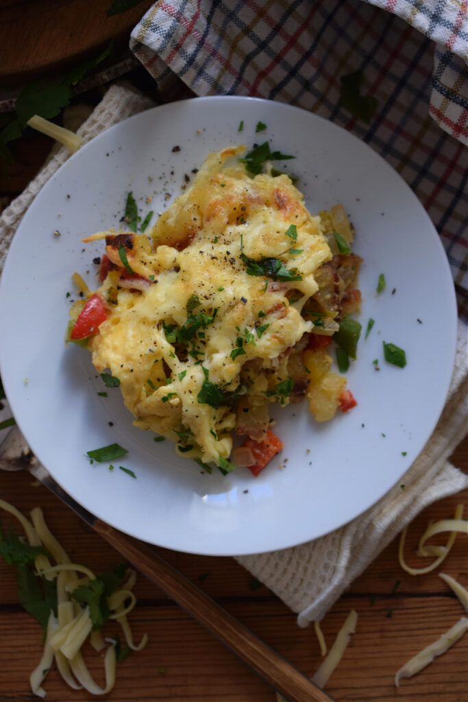 Breakfast casserole on a plate.