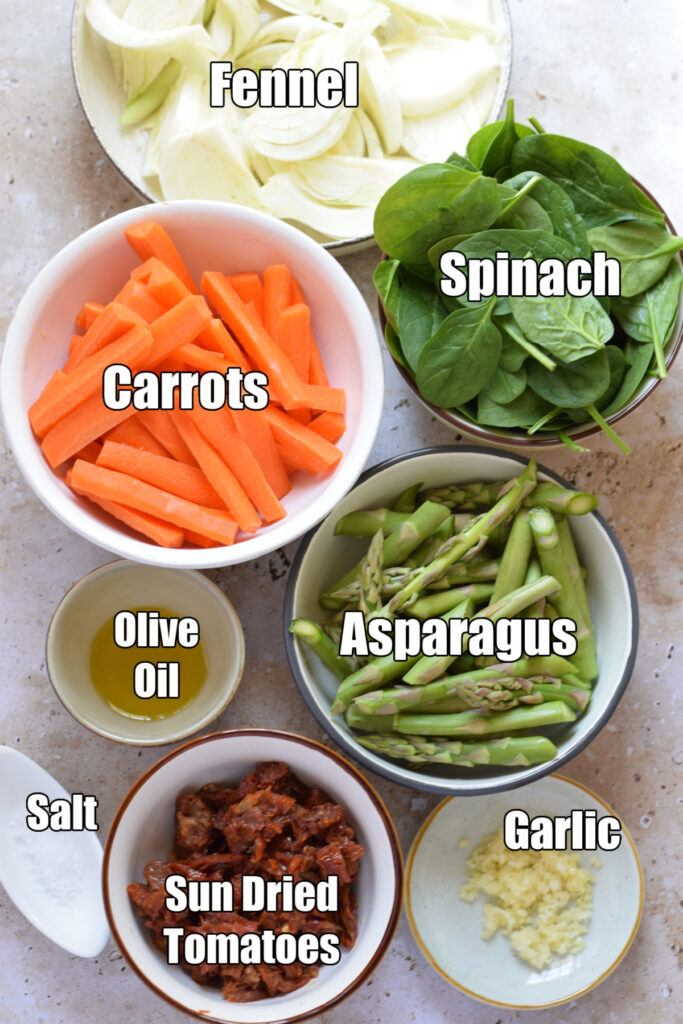 Ingredients to make a spring vegetable stir fry.