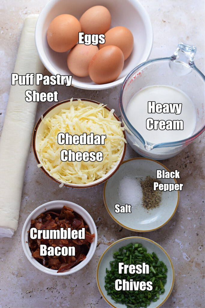 Ingredients to make puff pastry breakfast quiche.