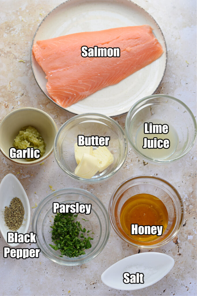 Ingredients to make honey lime salmon.