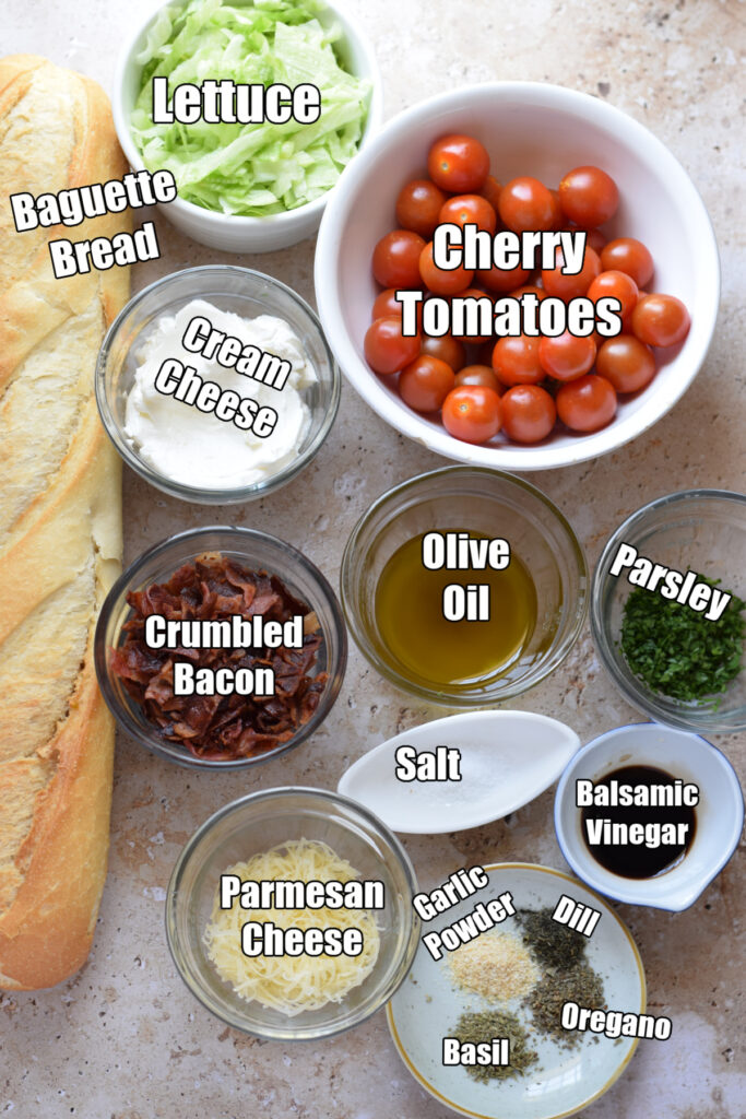 Ingredients to make blt bruschetta.