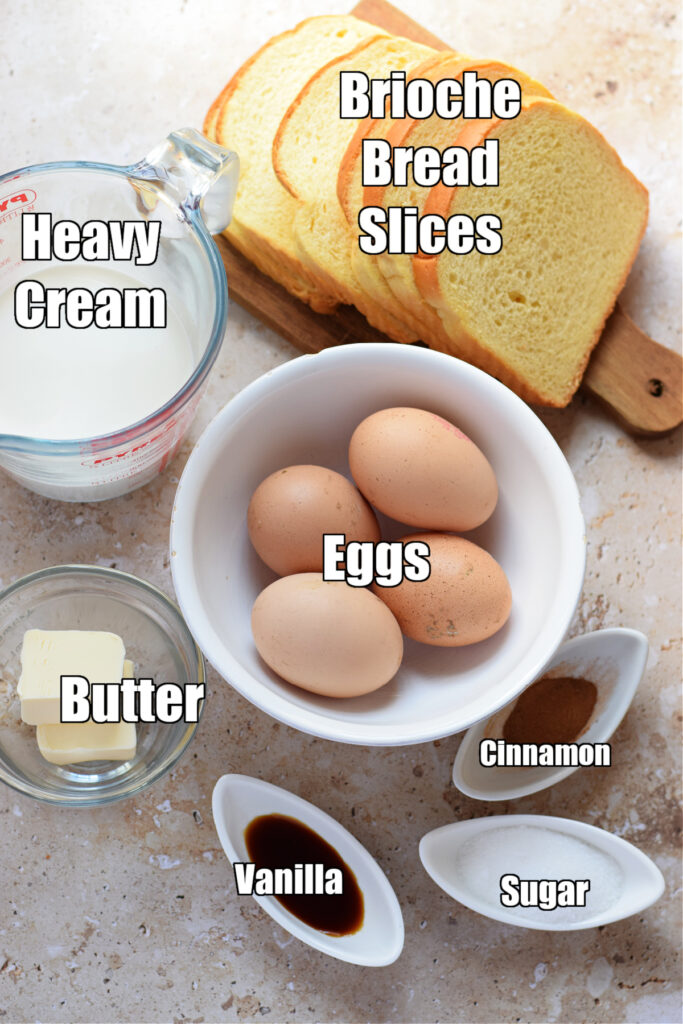 Ingredients to make french toast with brioche bread.