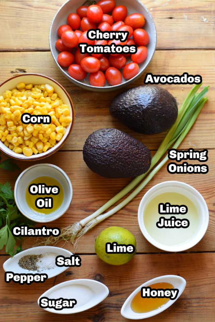 Ingredients to make an avocado corn salad.