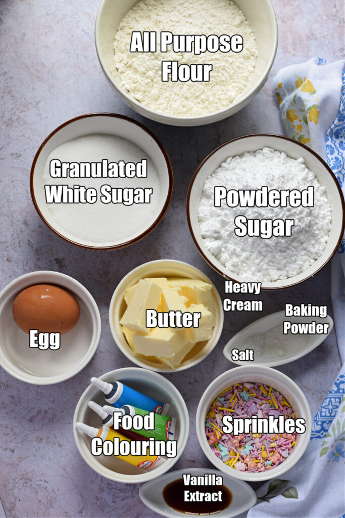 Ingredients to make Easter frosted cookies.