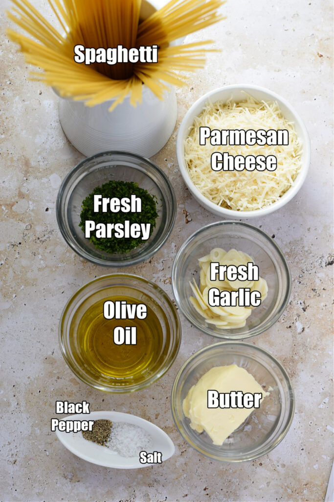 Ingredients to make garlic parmesan spaghetti.