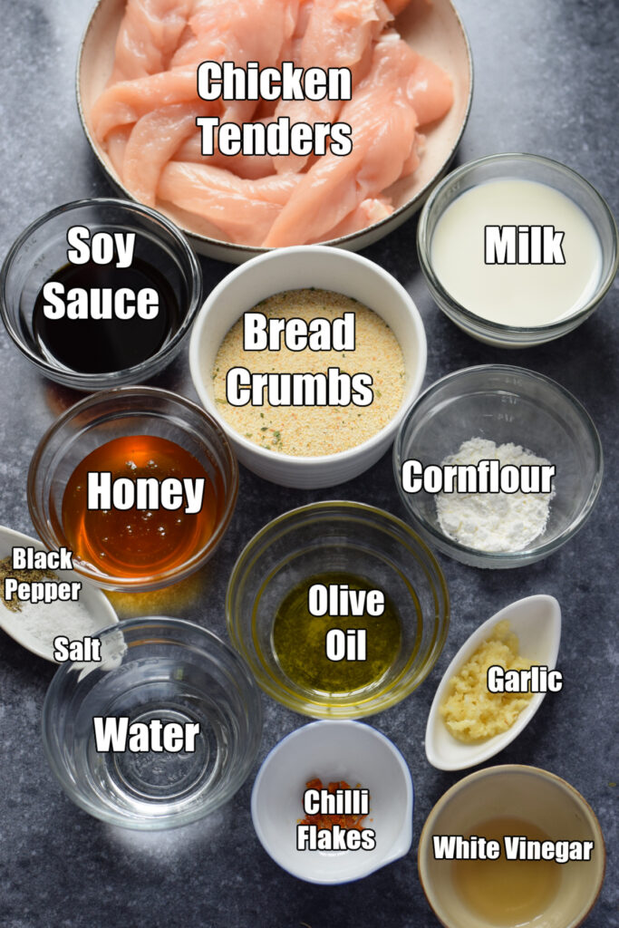 Ingredients to make honey garlic chicken tenders.