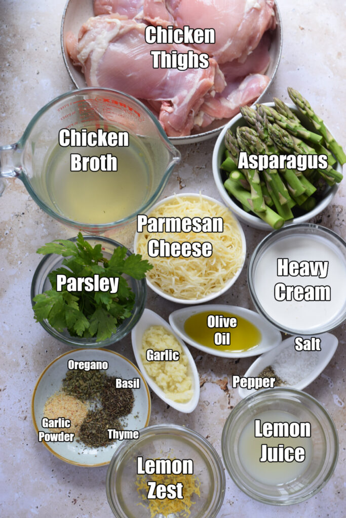 Ingredients to make lemon cream chicken with asparagus.