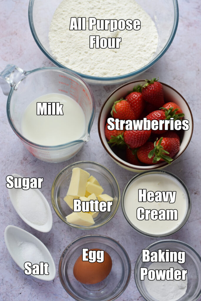 Ingredients to make strawberry cream scones.